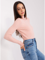 Světle růžový žebrovaný svetr s rolákem