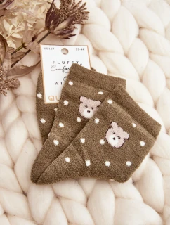 Dámské teplé ponožky v puntíkované s medvědem zelené