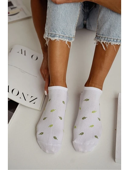 Dámské kotníčkové ponožky s listy bílé