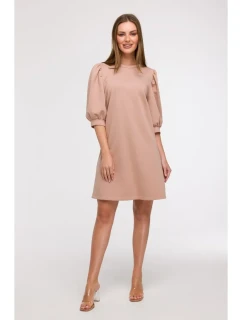 B291 Šaty áčkového střihu s pouzdrovými rukávy - mocca