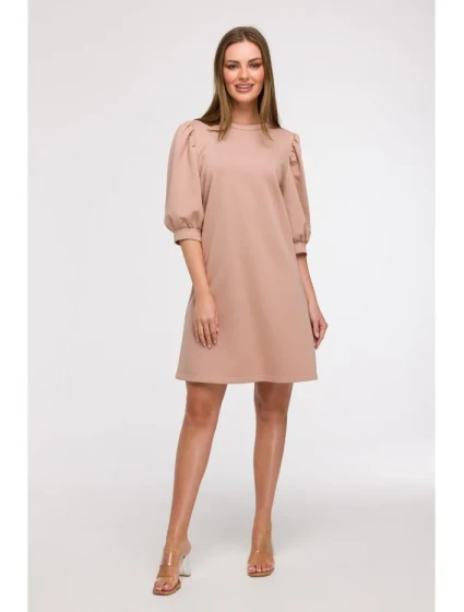 B291 Šaty áčkového střihu s pouzdrovými rukávy - mocca