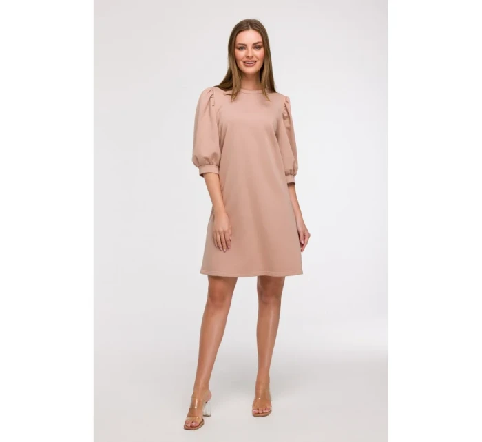 B291 Šaty áčkového střihu s pouzdrovými rukávy - mocca