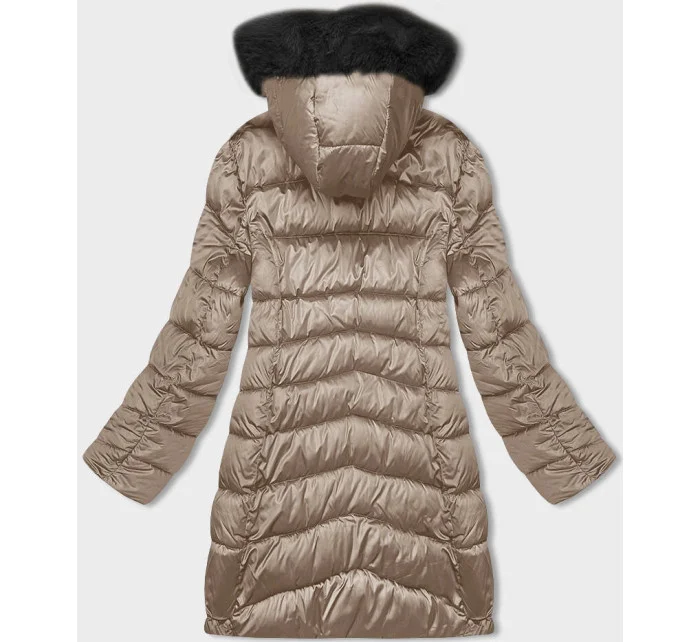 Béžovo-černá dámská oboustranná zimní bunda s kapucí (B8203-1201)