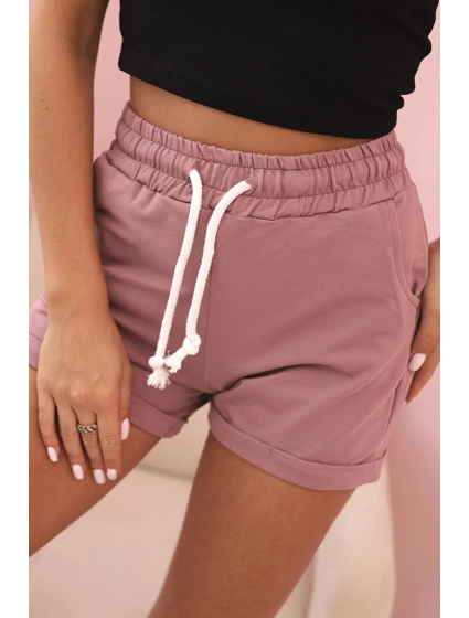Dámské bavlněné šortky s gumou a šněrováním v pase tmavě růžové