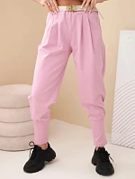 Dámské bavlněné kalhoty s vysokým pasem a páskem tmavě růžové