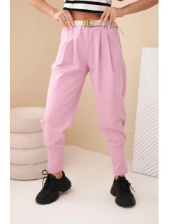 Dámské bavlněné kalhoty s vysokým pasem a páskem tmavě růžové