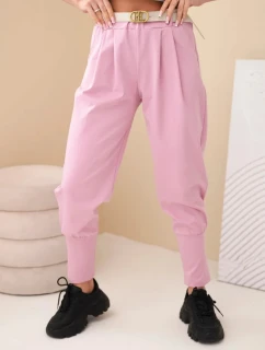 Dámské bavlněné kalhoty s vysokým pasem a páskem tmavě růžové
