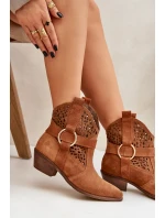 Zamszowe Botki Kowbojki Ażurowe Na Obcasie Zazoo 2994 Camel