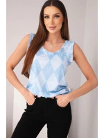 Dámská viskózová halenka bez rukávů s kosočtverci a volánkem u výstřihu modrá Dámská viskózová halenka bez rukávů s kosočtverci a volánkem u výstřihu modrá