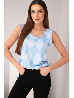 Dámská viskózová halenka bez rukávů s kosočtverci a volánkem u výstřihu modrá