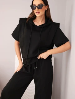 Dámský komplet máslový mikina s kapucí a volné kalhoty se stahováním černý