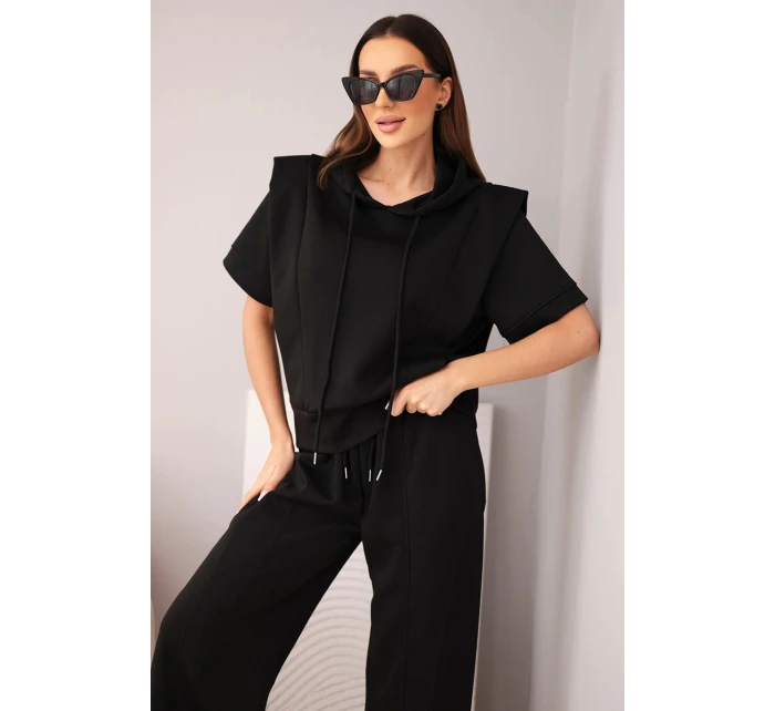 Dámský komplet máslový mikina s kapucí a volné kalhoty se stahováním černý