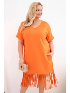 Dámské bavlněné šaty s výstřihem do V a třásněmi Plus Size oranžové