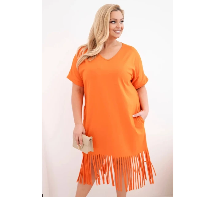 Dámské bavlněné šaty s výstřihem do V a třásněmi Plus Size oranžové Dámské bavlněné šaty s výstřihem do V a třásněmi Plus Size oranžové