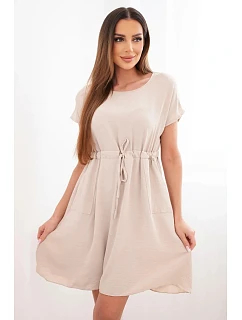 Dámské šaty s krátkým rukávem a páskem v pase béžová