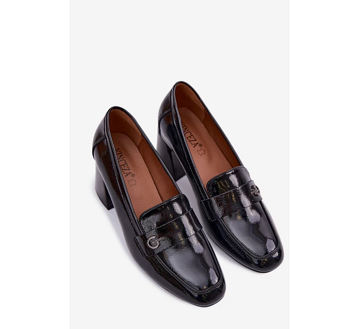 Kožené Lakované Dámské Lodičky na Podpatku model 22100046 Černé - VINCEZA