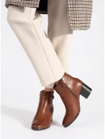 Pěkné  kotníčkové boty hnědé dámské na širokém podpatku