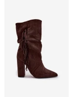 Dámské kotníkové boty na podpatku s třásněmi a žebrováním Zateplené Čokoládové model 21757539 - Boto