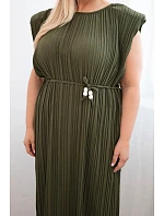 Dámské viskózové plisované šaty Plus Size s vázáním khaki