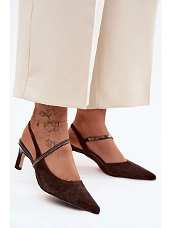 Kožené semišové sandály na podpatku se zdobeným páskem D&A CR61-3048 Čokoládové