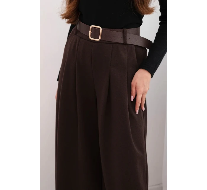 Dámské kalhoty s širokou nohavicí a páskem hnědé Dámské kalhoty s širokou nohavicí a páskem hnědé