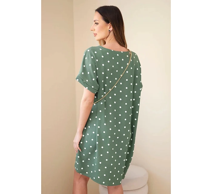 Dámské šaty s puntíky s krátkým rukávem a kabelkou khaki Dámské šaty s puntíky s krátkým rukávem a kabelkou khaki