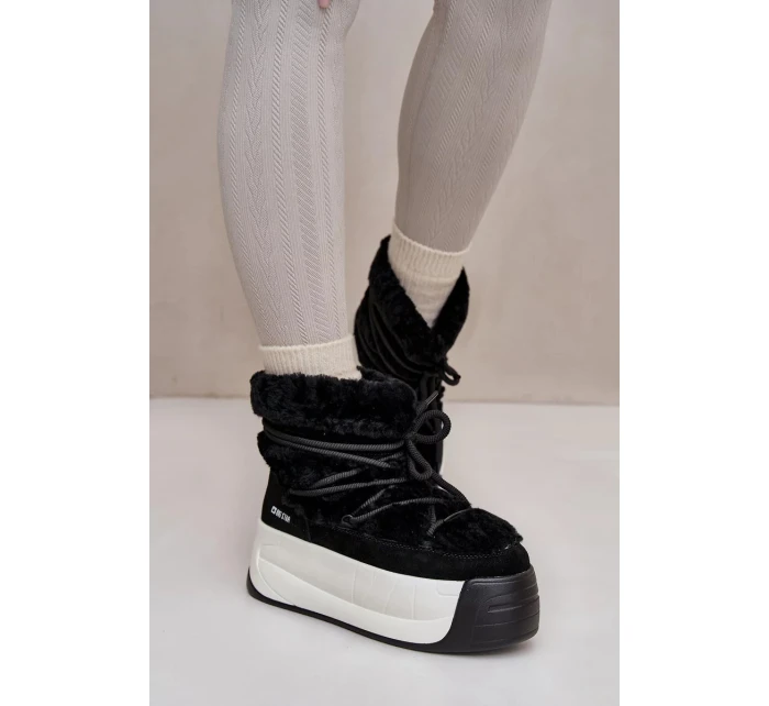 Kožené Dámské Sněhule Na Silné Podešvi S Kožešinou Big Star Černé Kožené Dámské Sněhule Na Silné Podešvi S Kožešinou Big Star Černé