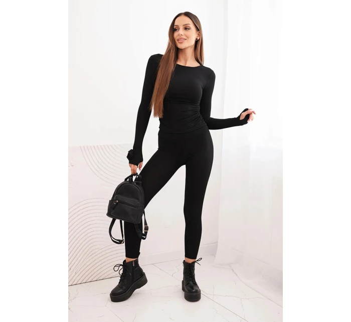 Komplet dámský z pruhované viskózy s dlouhým rukávem a legínami černý
