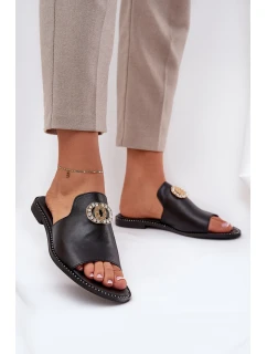 Elegantní Dámské Kožené Pantofle S Dekorací Zazoo 3008 Černé