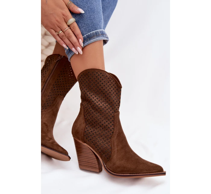 Dámské otevřené kotníkové boty na podpatku hnědé model 21956059 - Boto