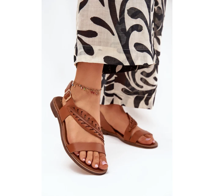 Dámské sandály z přírodní kůže na plochém podpatku Zazoo 3564 Camel Dámské sandály z přírodní kůže na plochém podpatku Zazoo 3564 Camel