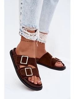 Dámské pantofle z imitace semiše s zlatými přezkami čokoládové model 22102893 - Boto