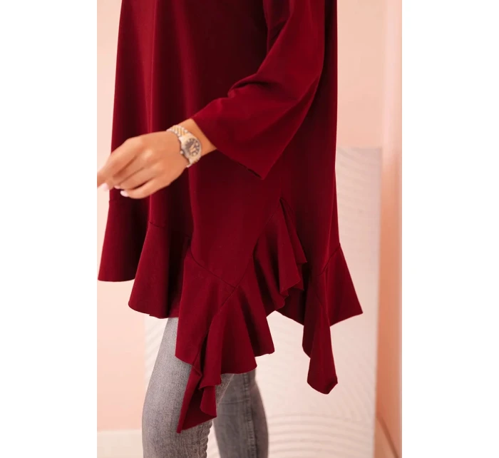 Dámská blůza Plus Size s bavlnou, volánem a ohrnovacími rukávy bordová