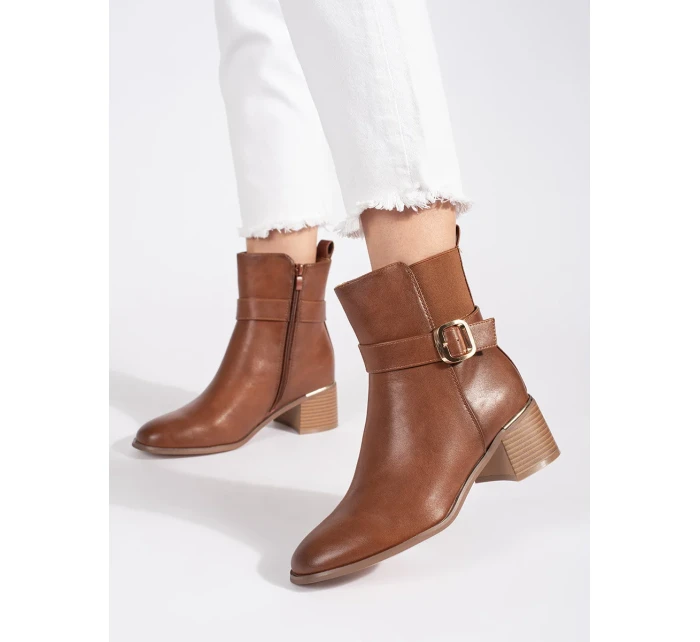 Originální kotníčkové boty hnědé dámské na širokém podpatku Originální kotníčkové boty hnědé dámské na širokém podpatku