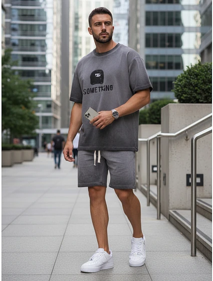 Pánská letní tepláková souprava s potiskem šedá FashionStreet AX0819