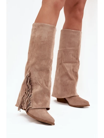 Dámské Kožené Boty Na Podpatku S třásněmi Béžové model 21704788 - Boto