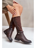 Zateplené Kozačky Na Plochém Podpatku S Přezkou Hnědé model 21881041 - Kesi