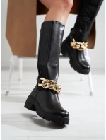 Klasické dámské černé kozačky na plochém podpatku Klasické dámské černé kozačky na plochém podpatku