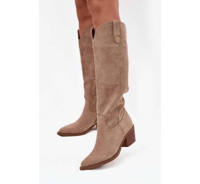 Dámské kozačky cowboy na podpatku z eko semiše béžové Esmira