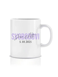 Personalizovaný klasický bílý keramický hrníček 300 ml se jmény novomanželů