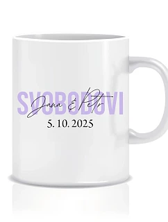 Personalizovaný klasický bílý keramický hrníček 300 ml se jmény novomanželů