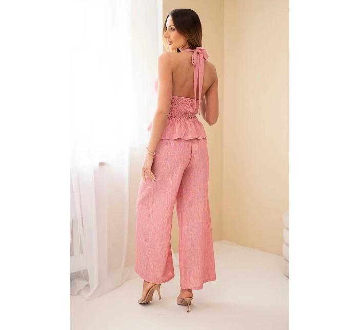 Dámský viskózový komplet top a kalhoty se širokou nohavicí tmavý pudrový model 22079425 - K-Fashion