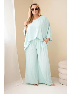 Dámský komplet Plus Size z viskózy se širokými kalhotami a halenkou mátový