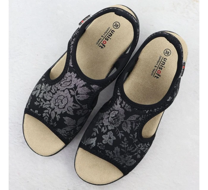 Dámské elastické květinové sandály s vysokým sedem černé Unisoft 7196