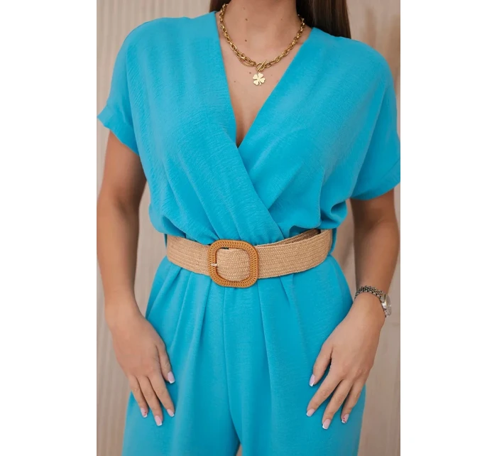 Kombinéza s ozdobným páskem v pase tyrkys Kombinéza s ozdobným páskem v pase tyrkys