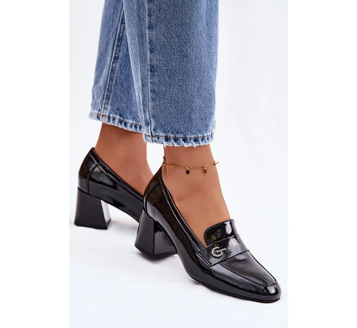 Kožené Lakované Dámské Lodičky na Podpatku model 22100046 Černé - VINCEZA