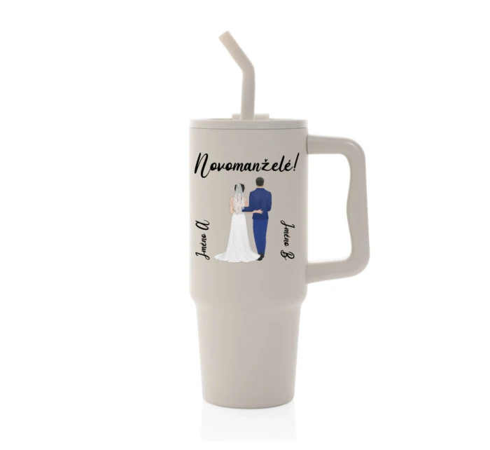 Personalizovaná termoska s barevným víčkem s novomanželským párem 