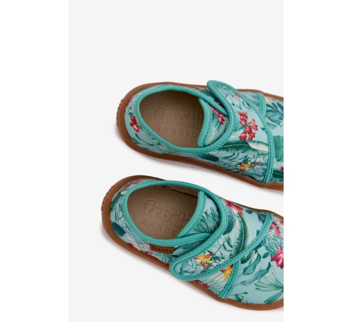 Dětské papuče na suchý zip Barefoot Květiny Listy Froddo G1700438-14 Mentolové