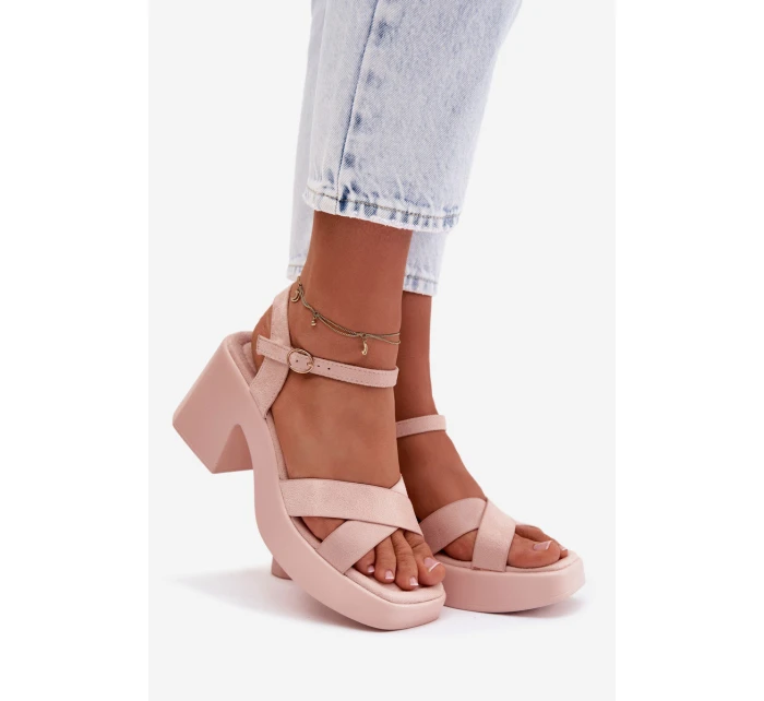 Dámské sandály na masivním podpatku z eko semiše světle růžové model 21998020 - Boto