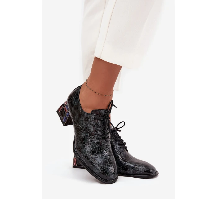 Dámské kožené lakované polobotky na podpatku s krystalky Artiker – šedé